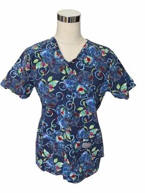 SCRUB ZONE Large Dark Blue Floral Print Scrub Top
